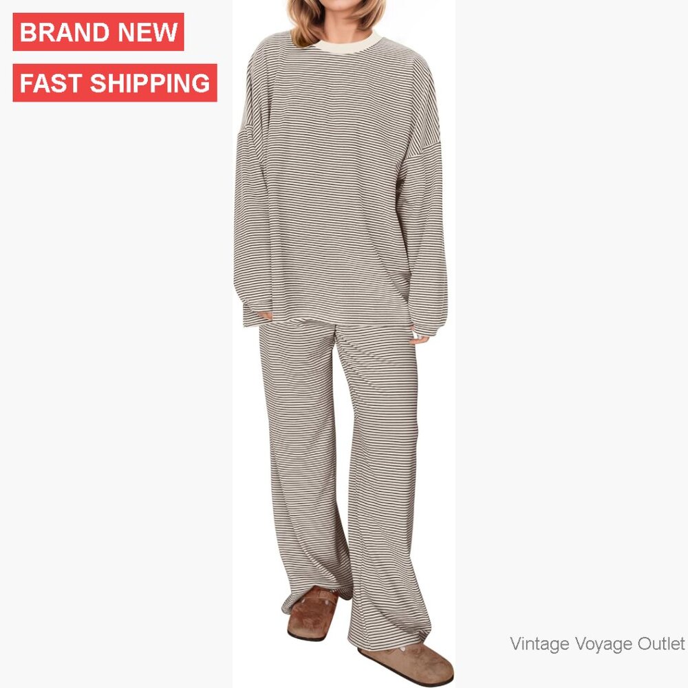 Women's Striped Lounge Set Long Sleeve Tee Wide Leg Pants Pajamas